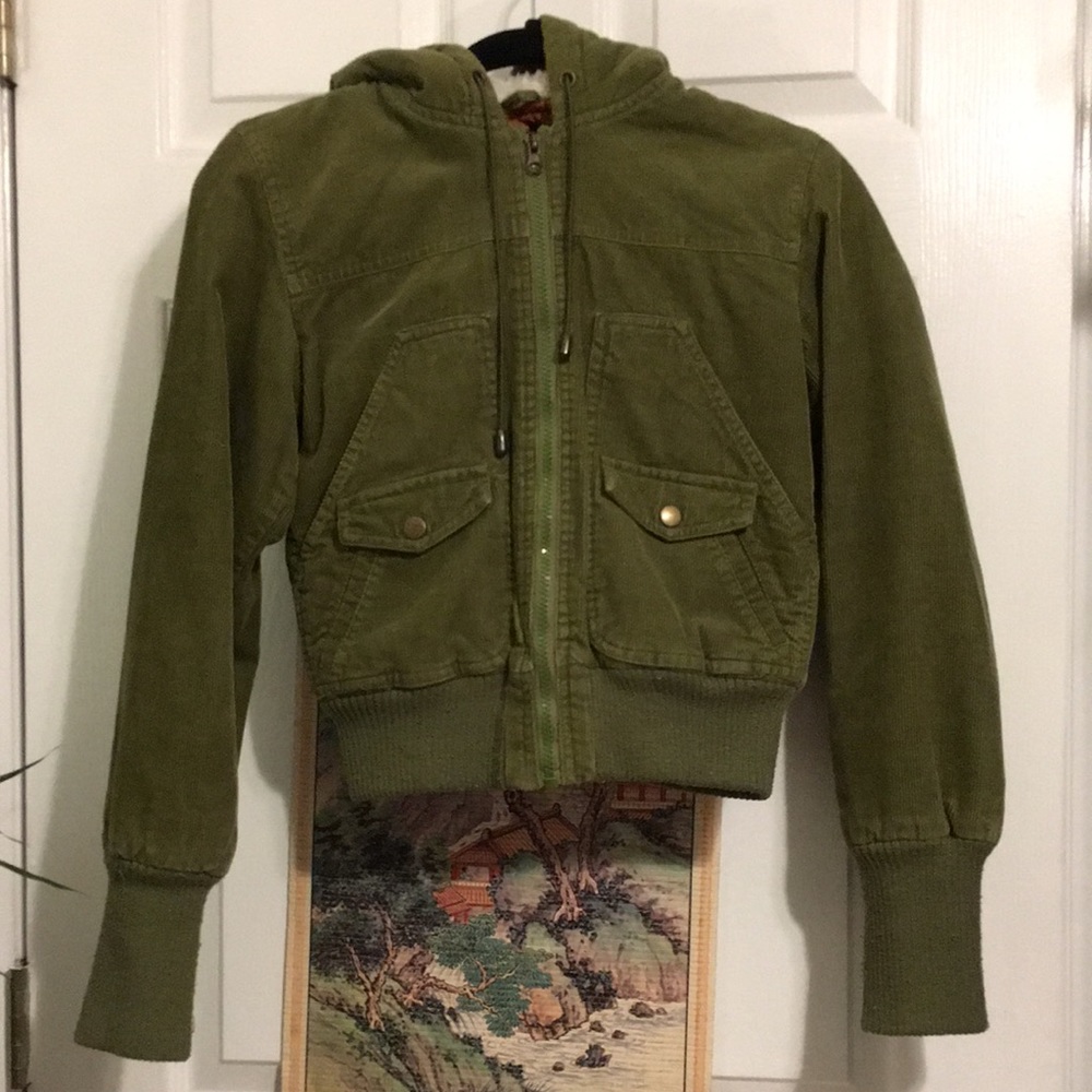 green courdoroy cropped jacket with faux fur lined hood